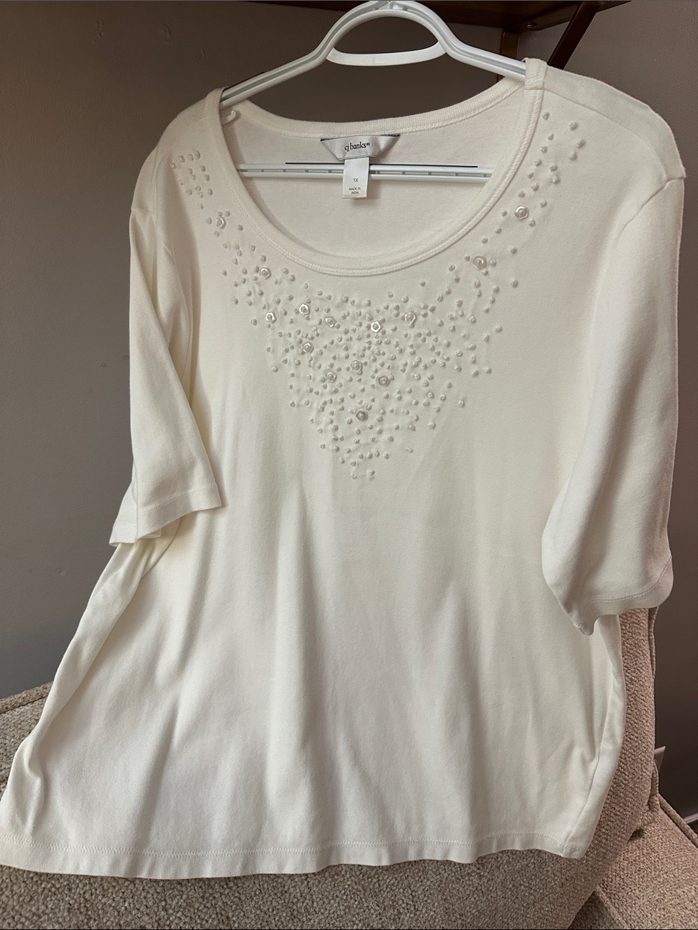 CJ Banks Cream Short Sleeve Scoop Neck Top with Beaded Front 100% Cotton